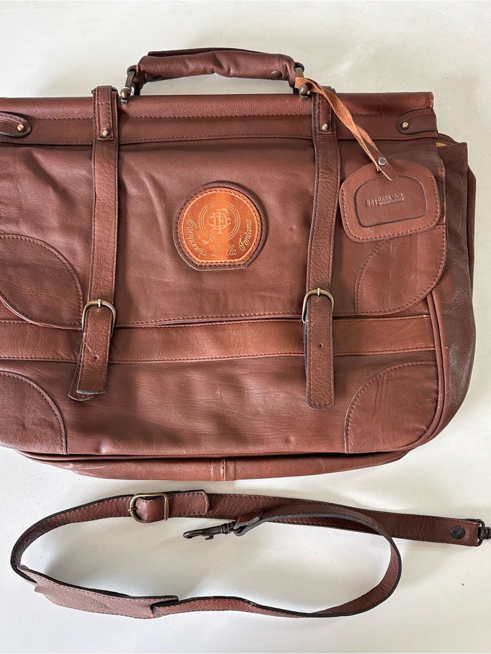 Campanera Dalla Fontana Large Briefcase Travel Message Bag Brown Leather w/Strap